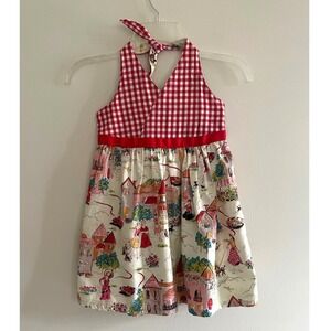 Beary Basics Girls Red Gingham Paris Village Print Halter Dress Size 5 USA Made